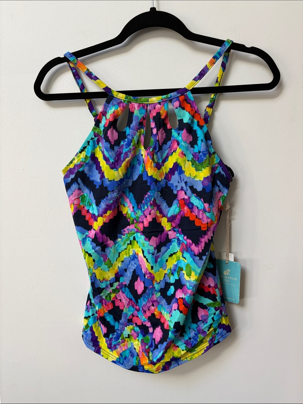 Caribbean Joe SILLY STRING Cut Out Hi Neck Floating Underwire Tankini Top,10,NWT